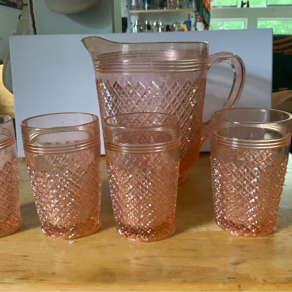 Pink Depression glass Miss America pitcher and glasses mint condition VINTAGE - Picture 8 of 8
